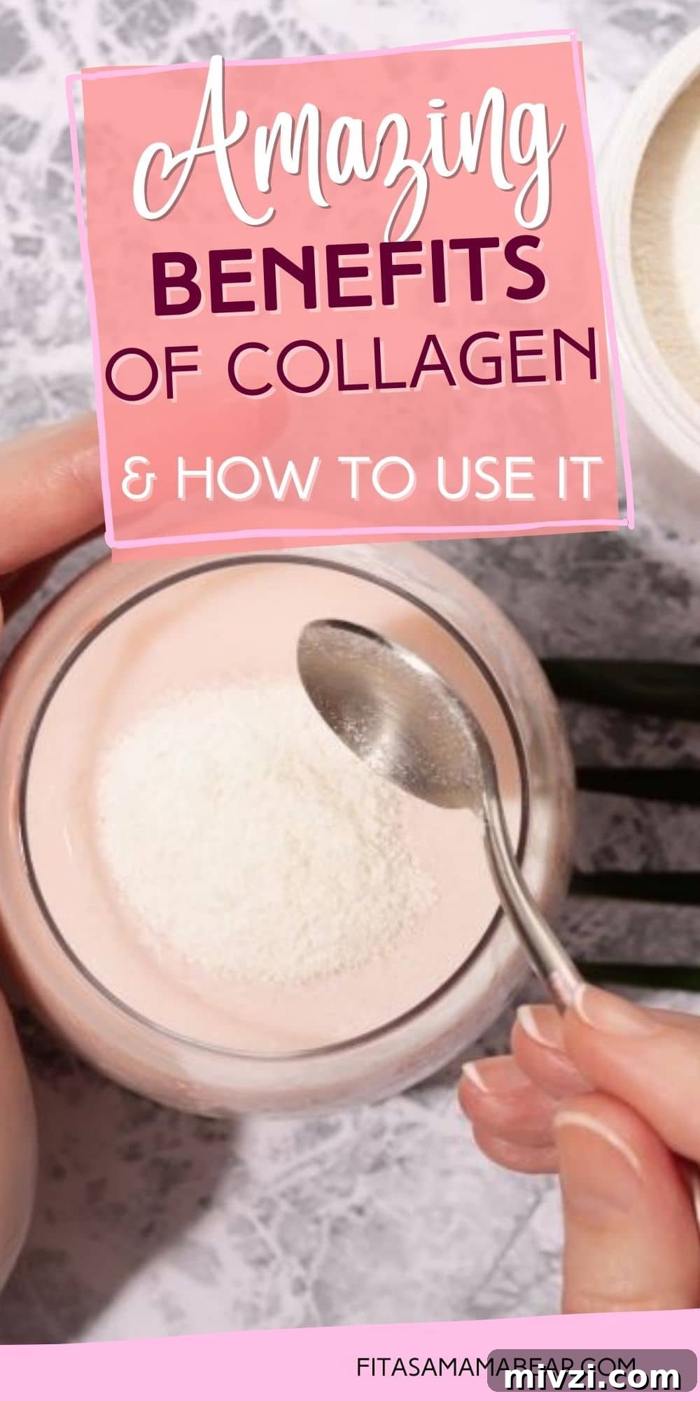 Pin image with text: a glass jar with white collagen powder and a scoop dipping into it
