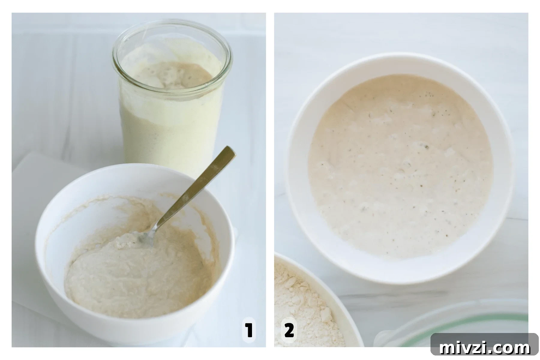 Side-by-side images showing the sourdough starter process: Image 1 features a thick, just-mixed starter in a white bowl with a spoon and a jar of active starter in the background; Image 2 shows a bubbly, active starter in a white bowl, ready to use.