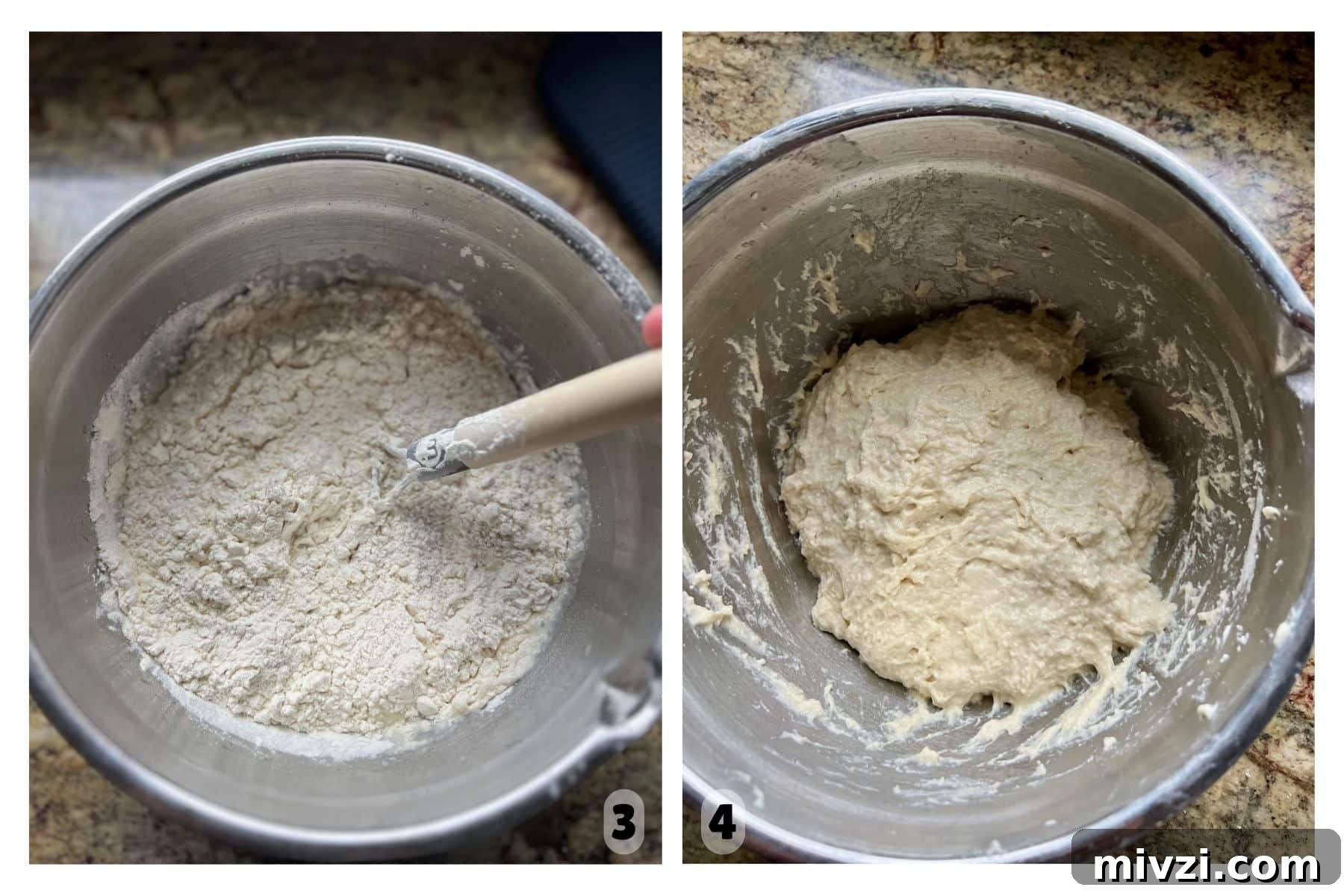 Side-by-side images showing the process of mixing sourdough focaccia dough: the first bowl with flour being stirred using a dough whisk, and the second with a sticky, well-mixed dough ready to rest.