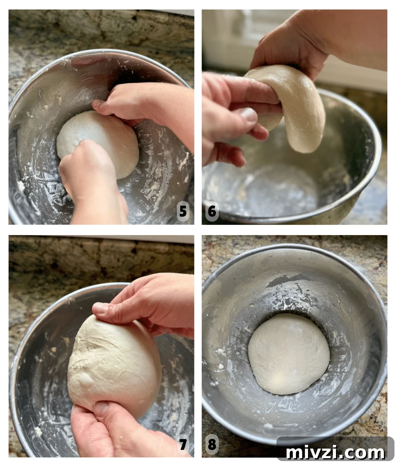 Four process photos showing hands stretching, folding, and shaping sourdough focaccia dough in a metal bowl until smooth and elastic, ending with a round dough ball ready to rest.
