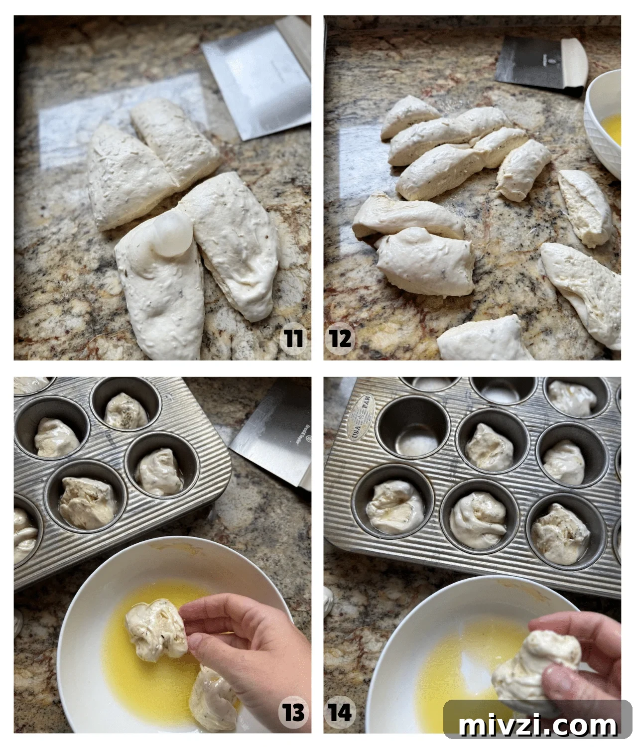 Four process photos showing sourdough focaccia dough being divided, shaped into portions, dipped in herb butter, and placed into a muffin tin.