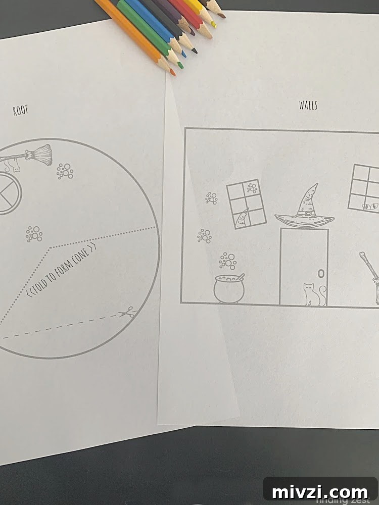 Two printable Halloween coloring sheets printed to create a haunted house