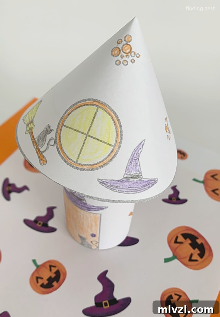 Top of coloring page haunted house with witch theme
