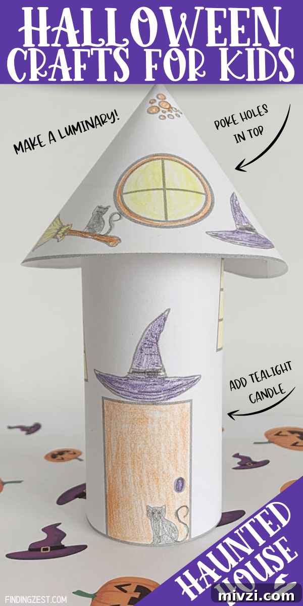 Halloween crafts for kids don't get easier than this free printable! Turn these witch coloring pages into a 3-D haunted house with a simple cut, fold and tape. Poke holes in the top and add a LED tealight candle to make it a luminary!