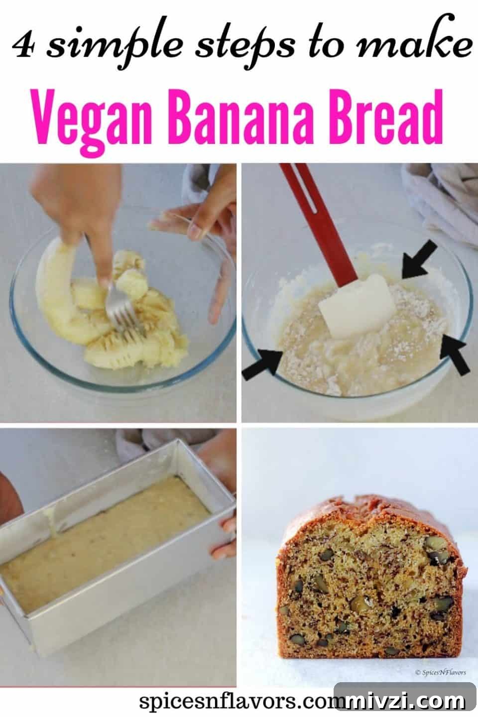 Moist Vegan Banana Bread Recipe with Simple Ingredients 12 pin image for pinterest