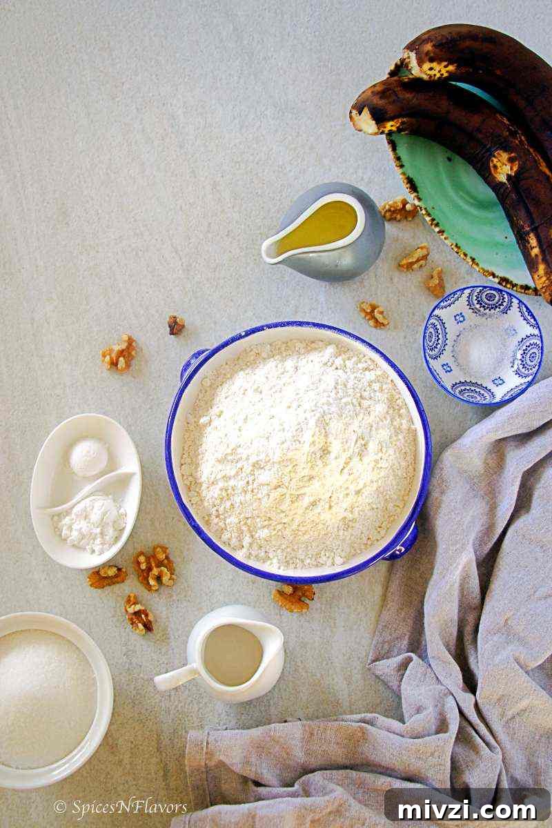 Moist Vegan Banana Bread Recipe with Simple Ingredients 3 ingredients required to make the bread placed on a tile