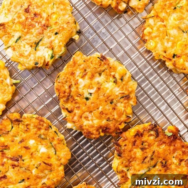 Round browned zucchini and corn fritters sitting on wire cooling rack after coming out of the cooker with browned edges.