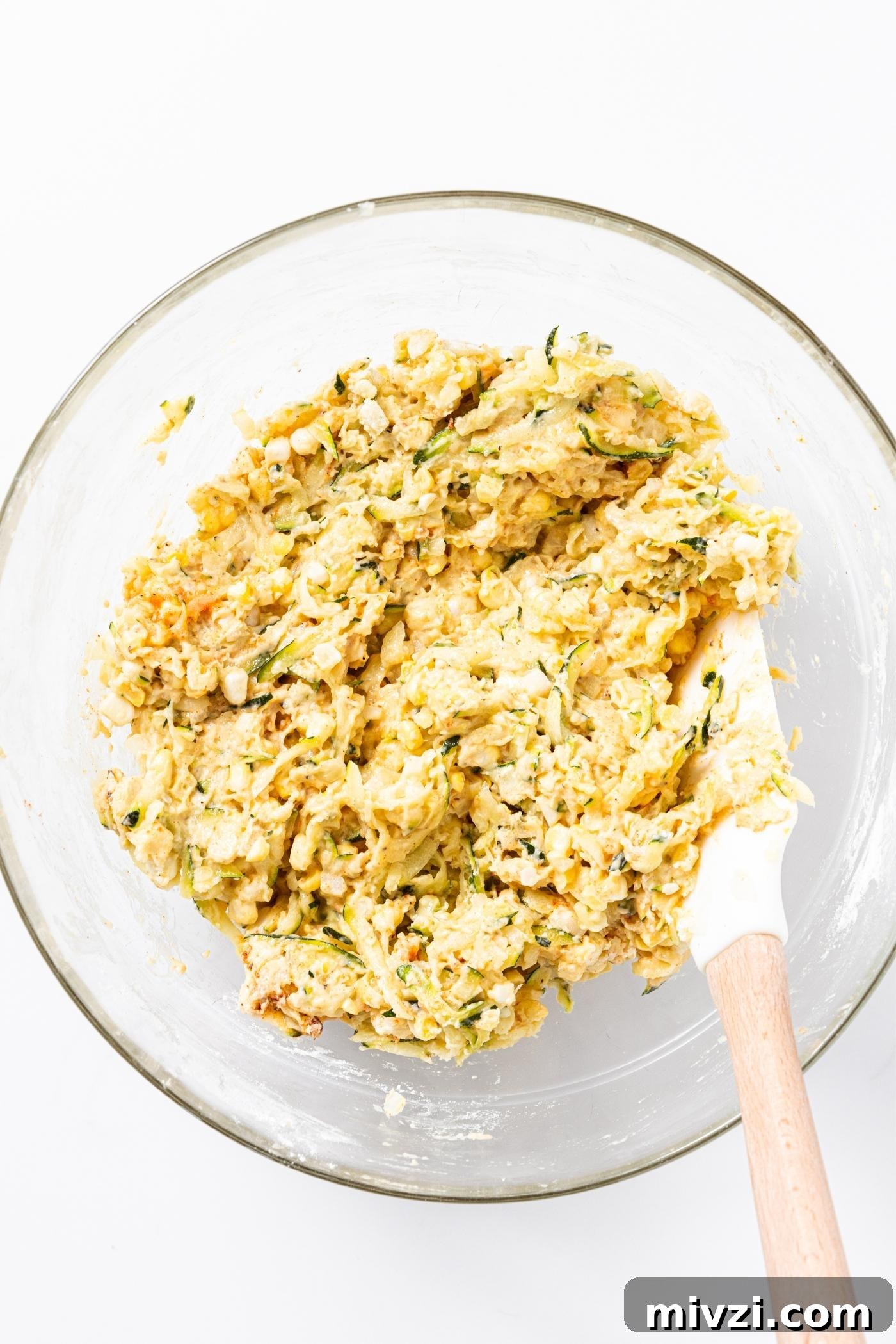Glass bowl on white countertop with mixture of fritter batter with whisk resting on side of bowl.