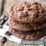 Chocolate Chocolate Chip Cookies stack on top of each other