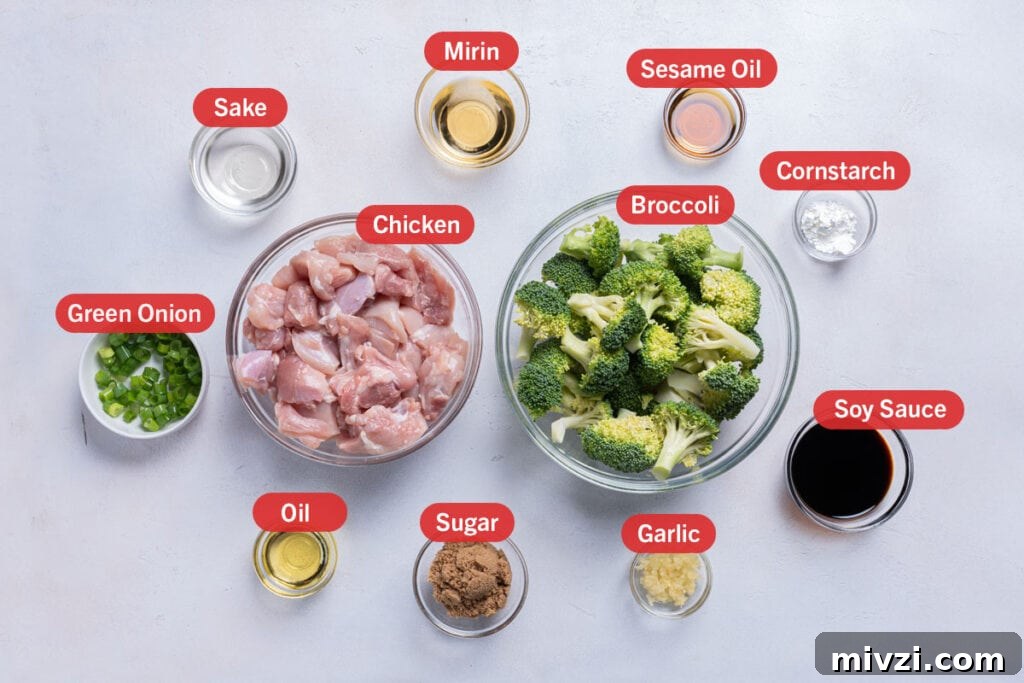 Image of the ingredients needed for the making of the recipe, specifically: chicken, broccoli, soy sauce, garlc, sugar, oil, green onion, sake, mirin, sesame oil, cornstarch.