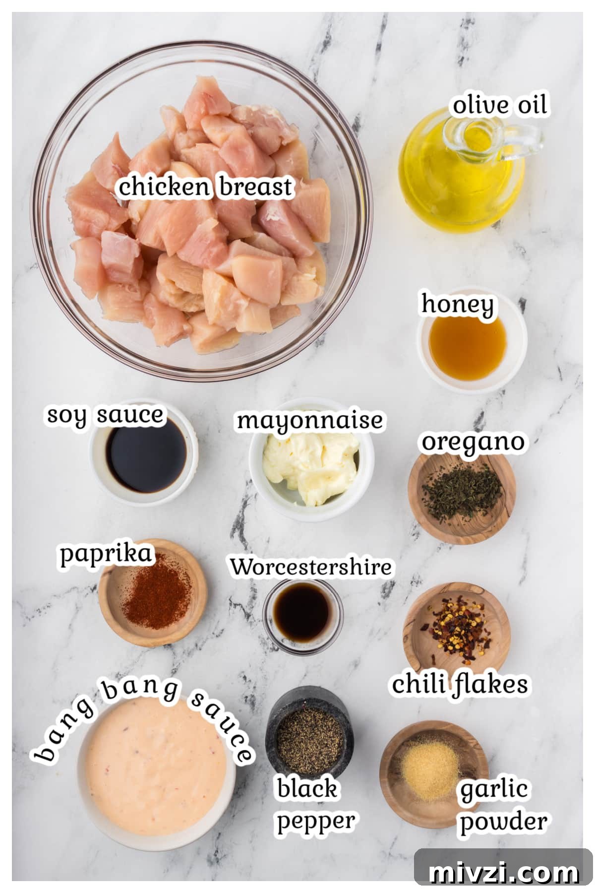 Spicy Bang Bang Chicken Skewers Recipe for Grilled Poultry 3 Ingredients for the chicken recipe with text overlay.