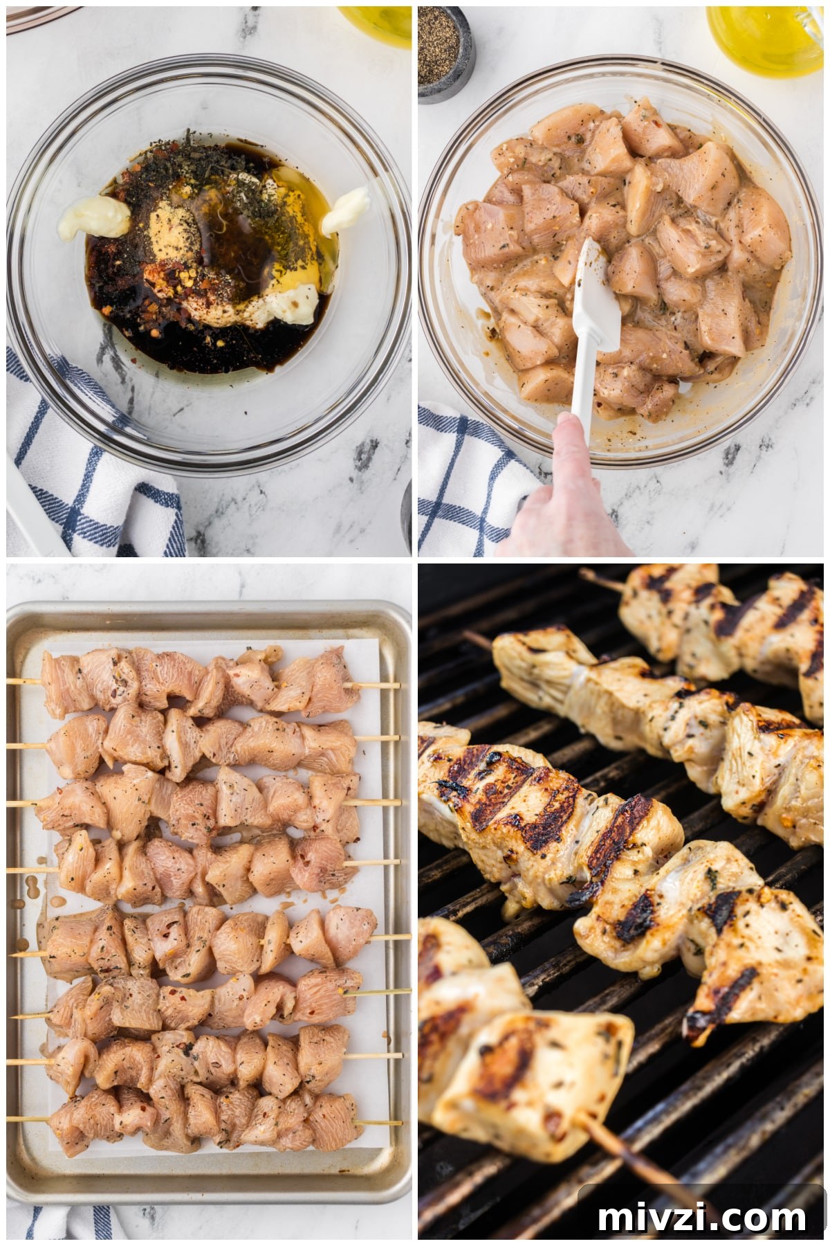Spicy Bang Bang Chicken Skewers Recipe for Grilled Poultry 4 A collage showing steps to make the chicken skewers.