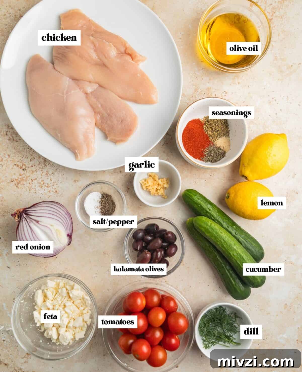 Mediterranean-Style Grilled Chicken with Lemon and Herbs 3 Chicken breast, cucumbers, olive oil, seasonings and other labeled ingredients on surface.