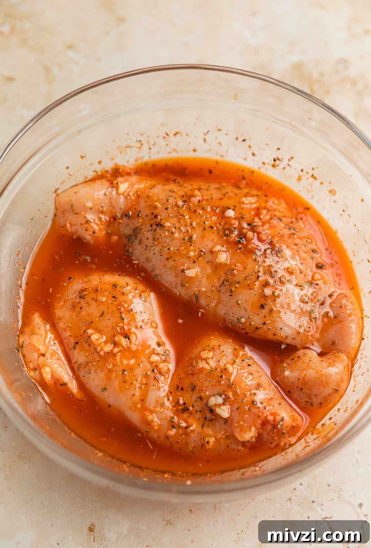 Mediterranean-Style Grilled Chicken with Lemon and Herbs 5 Chicken breast in marinade in glass bowl.