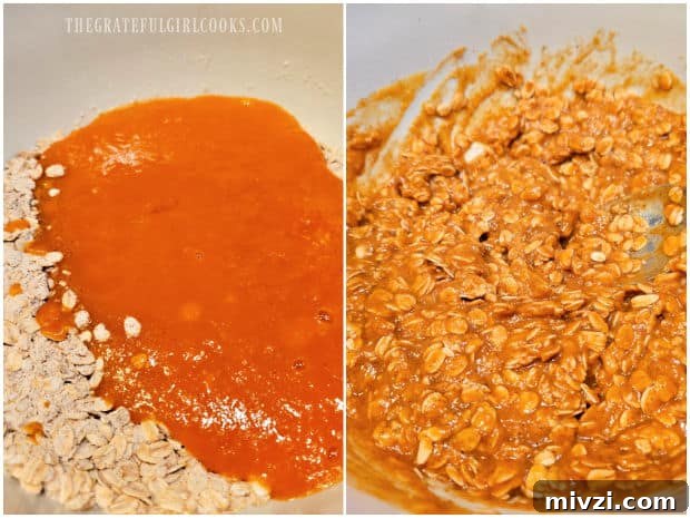 Pumpkin mixture is added to flour/oat mixture, and stirred until combined.