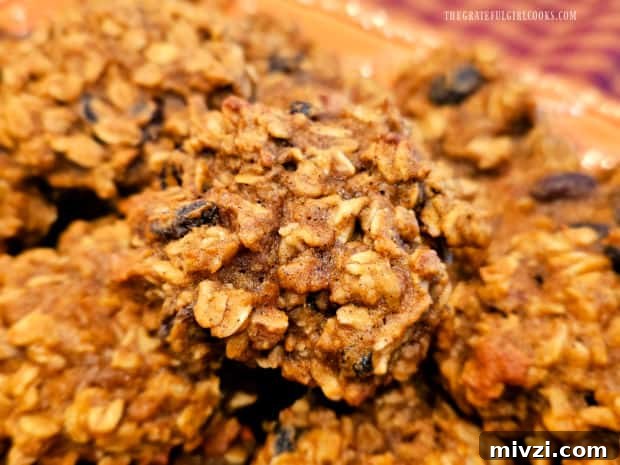 A close up photo of one of the pumpkin spice oatmeal cookies.