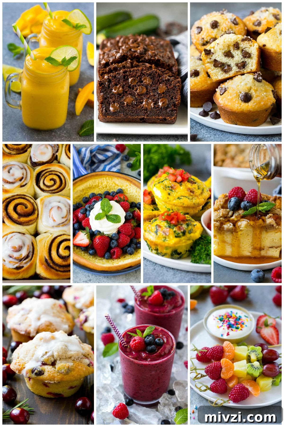 A collection of images of easy morning meals like chocolate chip muffins and French toast casserole.