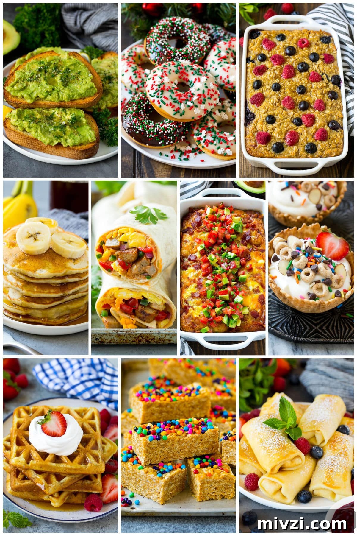A group of pictures of kids breakfast ideas like breakfast burritos, banana pancakes and buttermilk waffles.