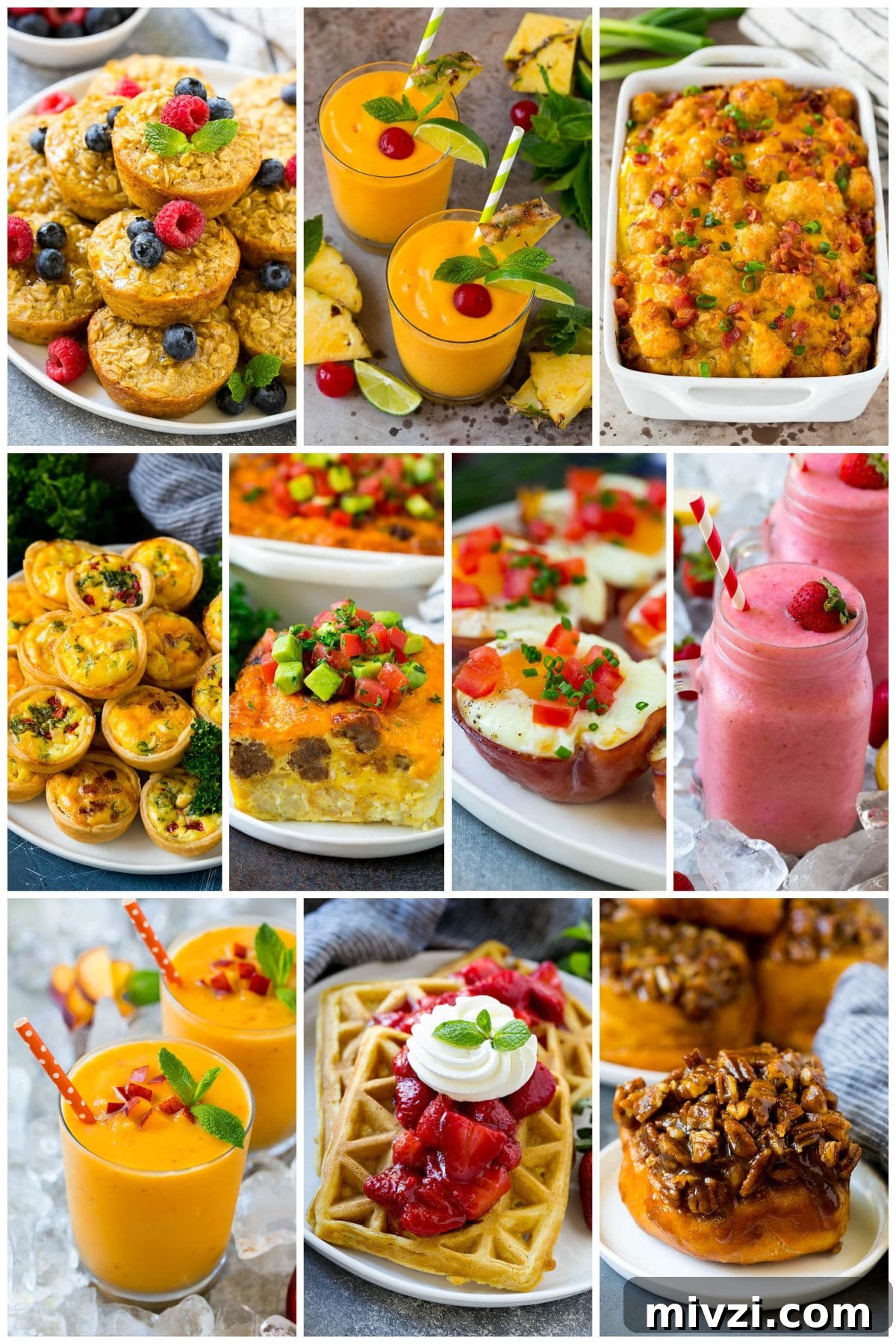 A group of morning foods like baked oatmeal cups, strawberry waffles and sticky buns.