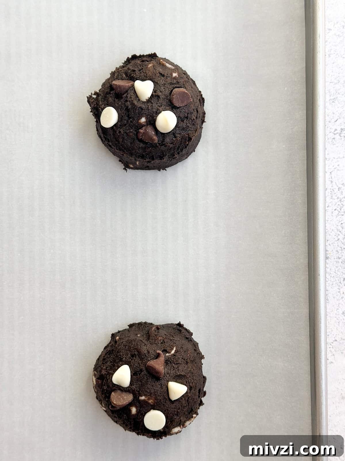 Inside-Out Chocolate Chip Cookies Recipe — Gooey Center Cookies 6 cookie dough on the baking sheet.