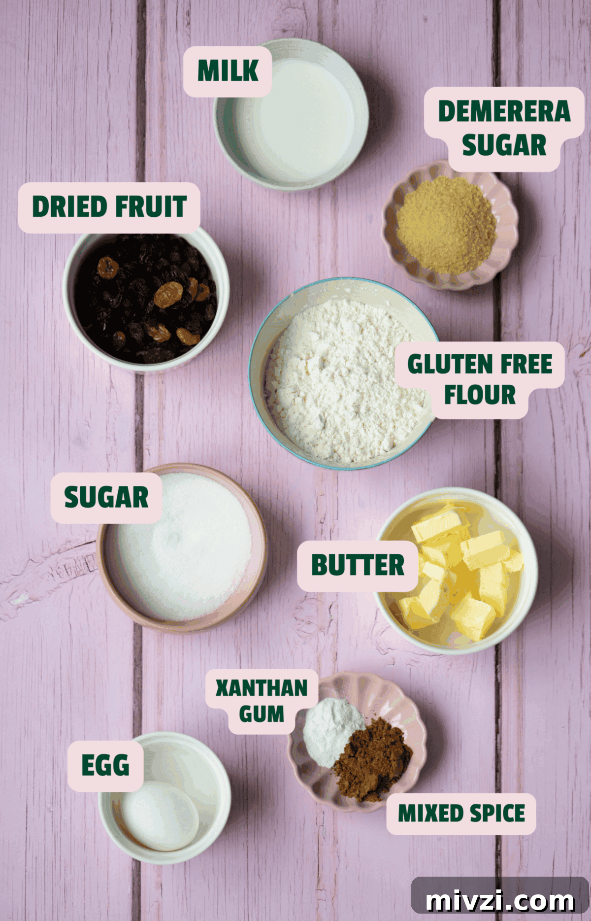 Ingredients for gluten free rock cakes with text labels.