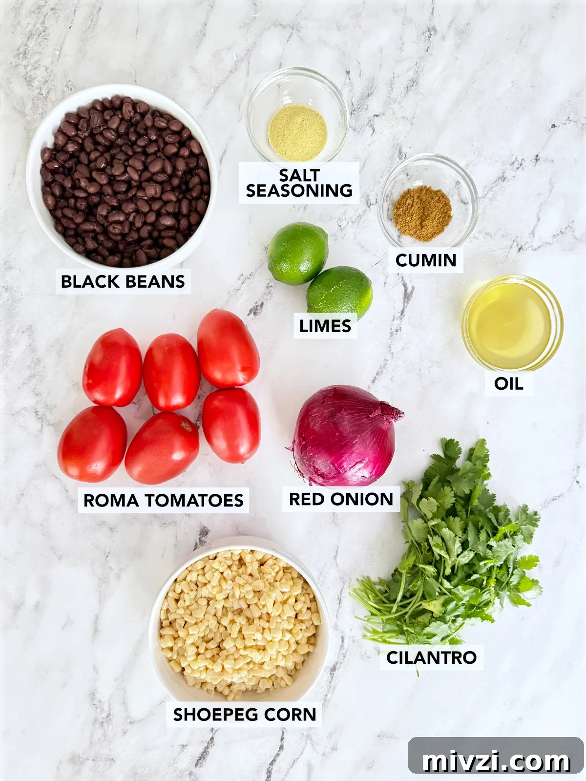 Texas Caviar: Zesty Black Bean and Corn Salsa Dip 3 Labeled overhead image of ingredients for black bean and corn dip, including black beans, shoepeg corn, Roma tomatoes, red onion, cilantro, limes, oil, cumin, and salt seasoning on a marble surface.