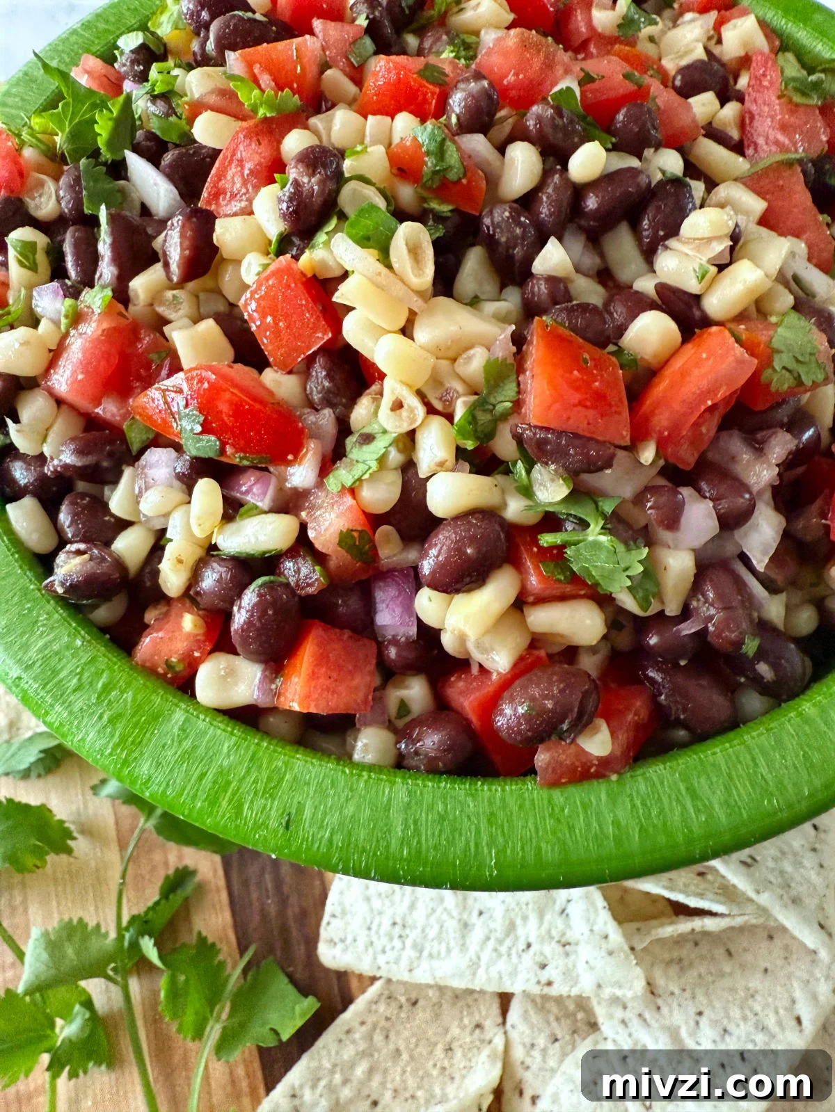 Texas Caviar: Zesty Black Bean and Corn Salsa Dip 4 Close-up of black bean and corn dip in a bright green bowl, featuring diced tomatoes, red onion, cilantro, and tortilla chips on the side.