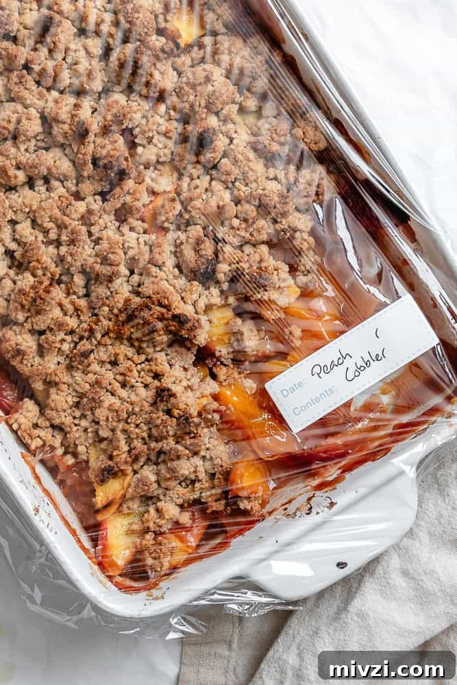 completed Easy Vegan Peach Cobbler in storage container