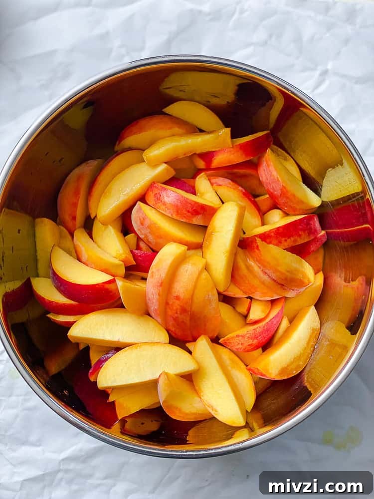 process shot showing peaches in a bowl