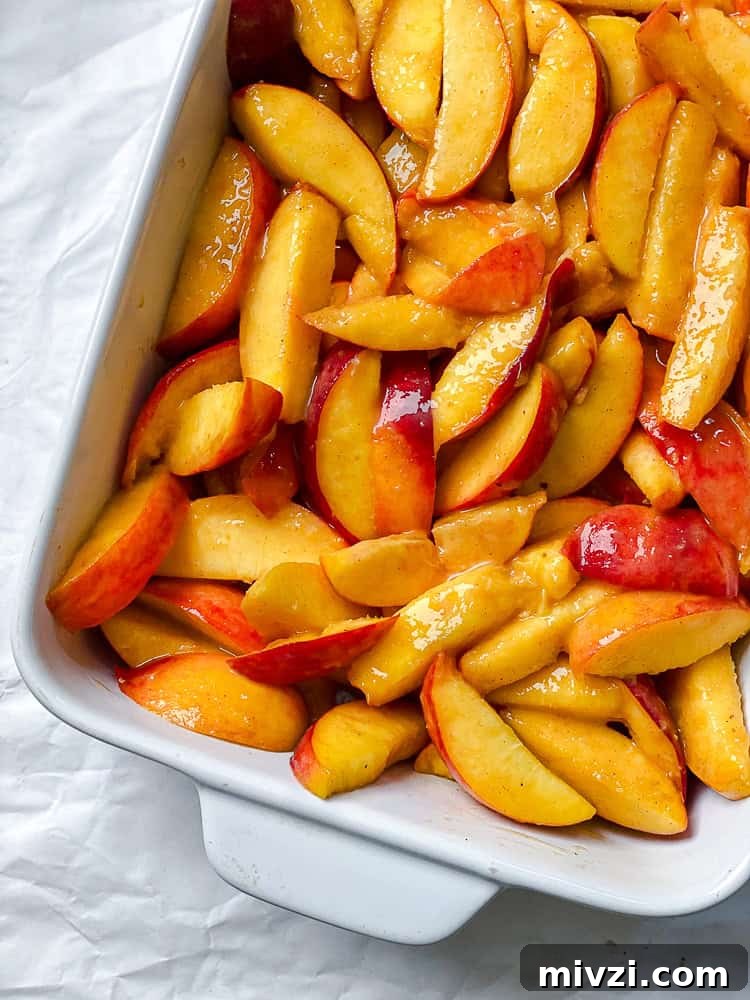process shot showing peaches in baking dish