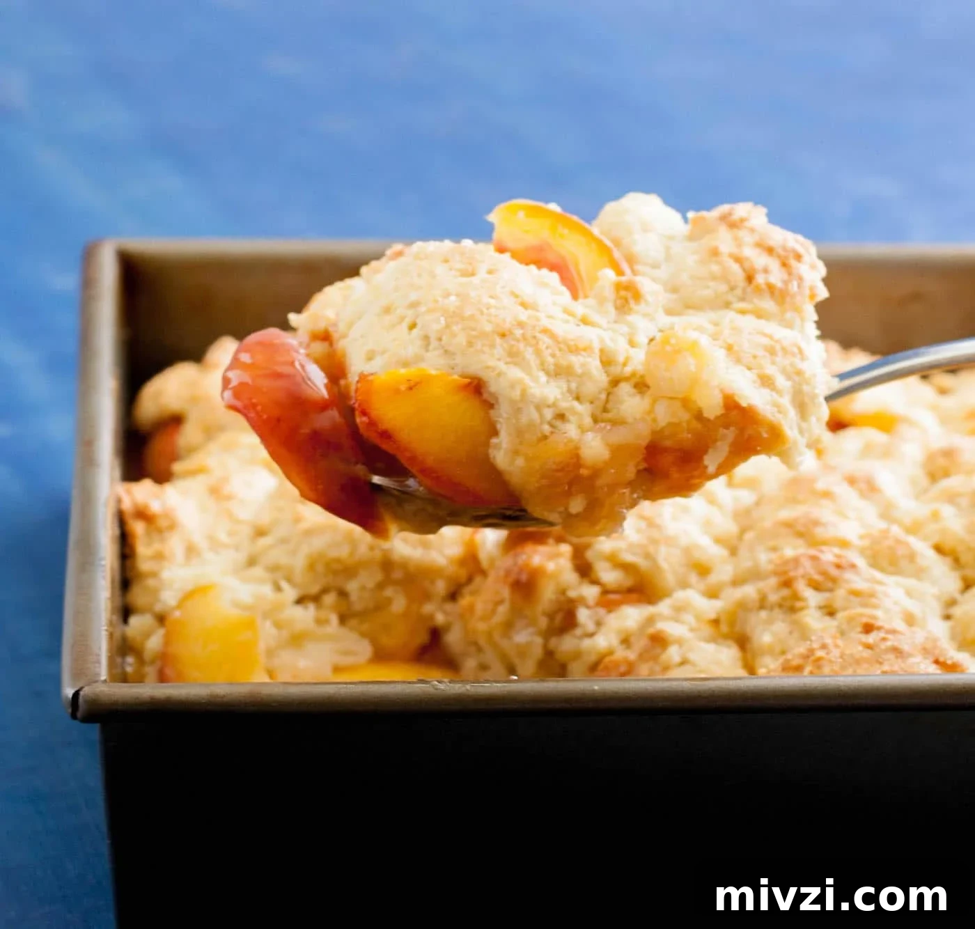 Georgia Peach Cobbler. Fresh peaches, lightly spiced and sweetened with two kinds of sugar, are baked under a delicious sweet biscuit topping!