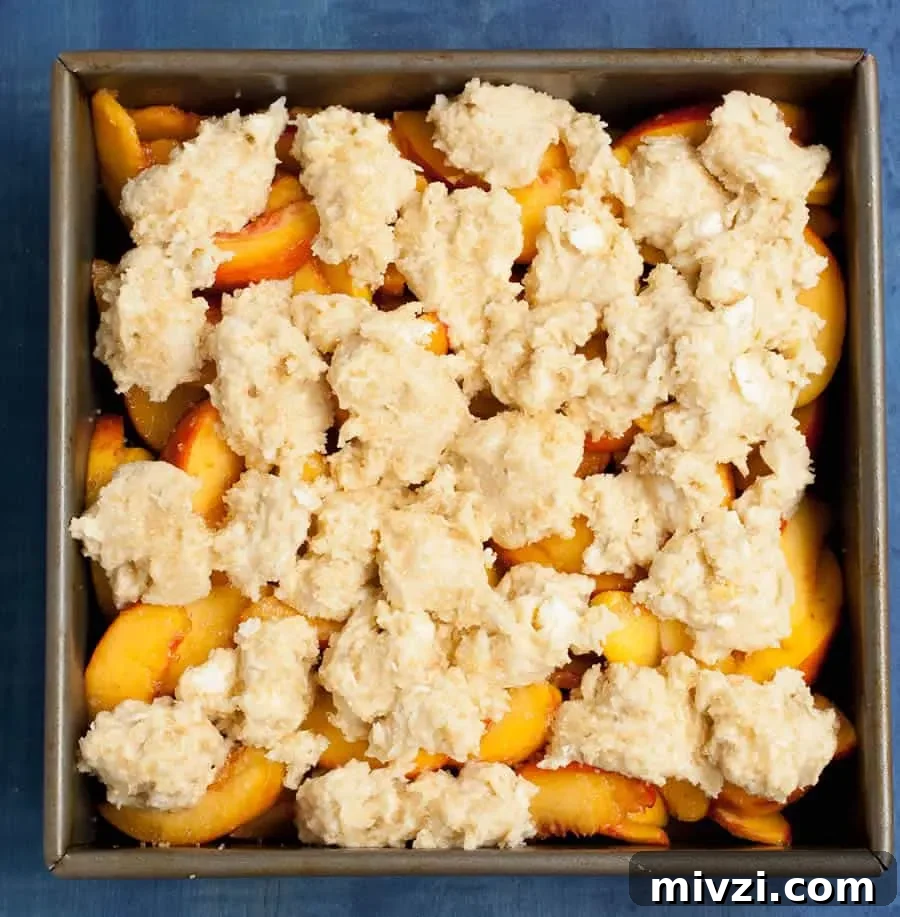 Georgia Peach Cobbler. Fresh peaches, lightly spiced and sweetened with two kinds of sugar, are baked under a delicious sweet biscuit topping!