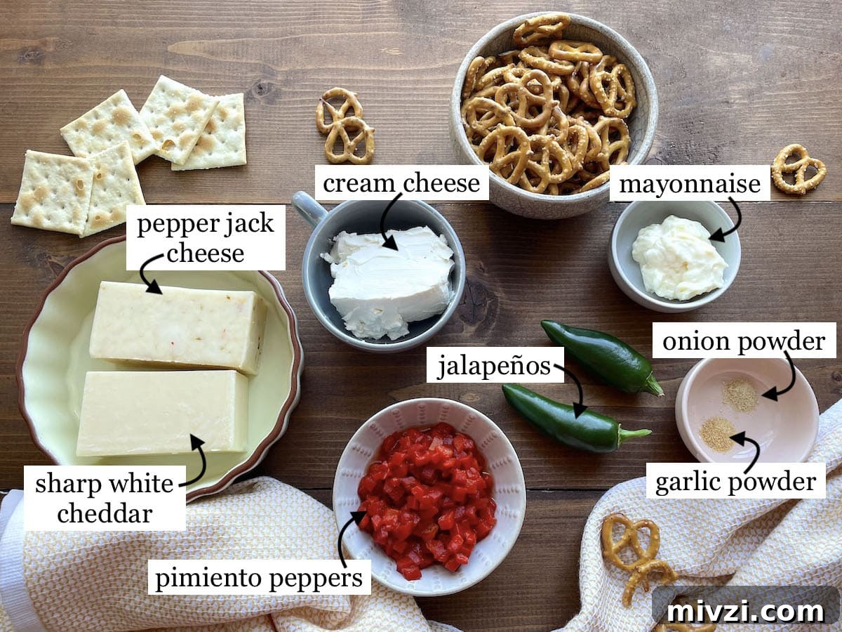 Spicy Jalapeño Pimento Cheese Dip Recipe 3 The ingredients in jalapeño pimento cheese, laid out and labeled.