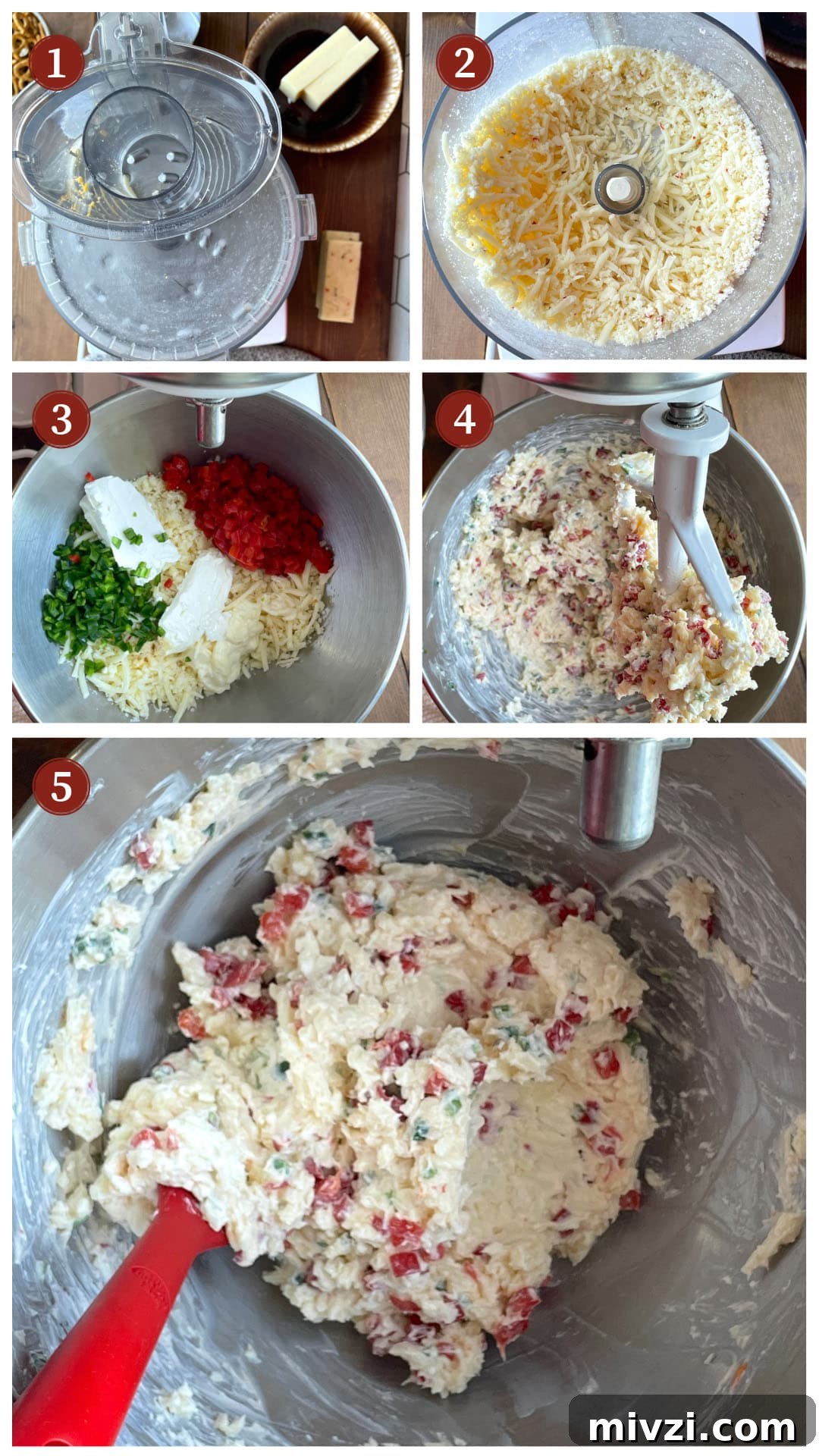Spicy Jalapeño Pimento Cheese Dip Recipe 4 A collage of images showing how to make jalapeño pimento cheese, steps 1-5.