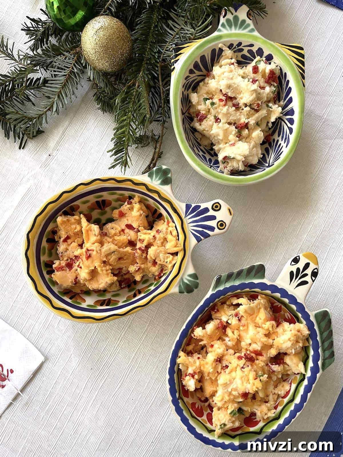 Spicy Jalapeño Pimento Cheese Dip Recipe 7 Three turtle shaped bowls with homemade pimento cheese in them.
