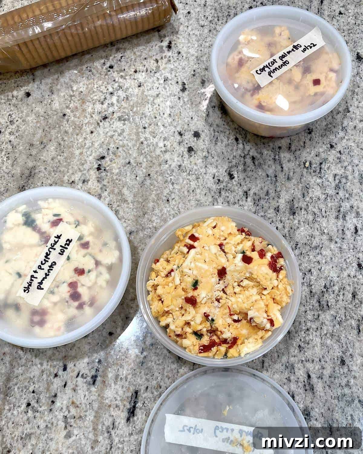 Spicy Jalapeño Pimento Cheese Dip Recipe 8 Three one cup containers of homemade pimento cheese.