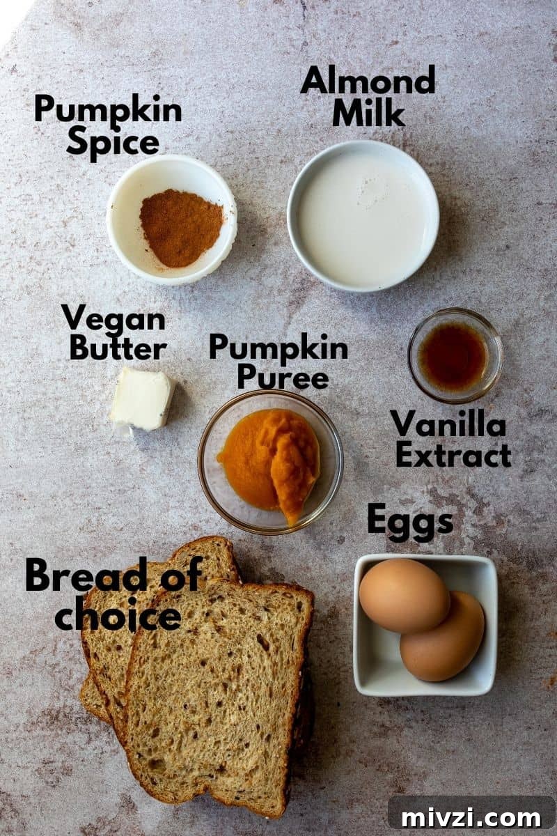 Ingredients for pumpkin french toast in bowls on the counter before preparing.