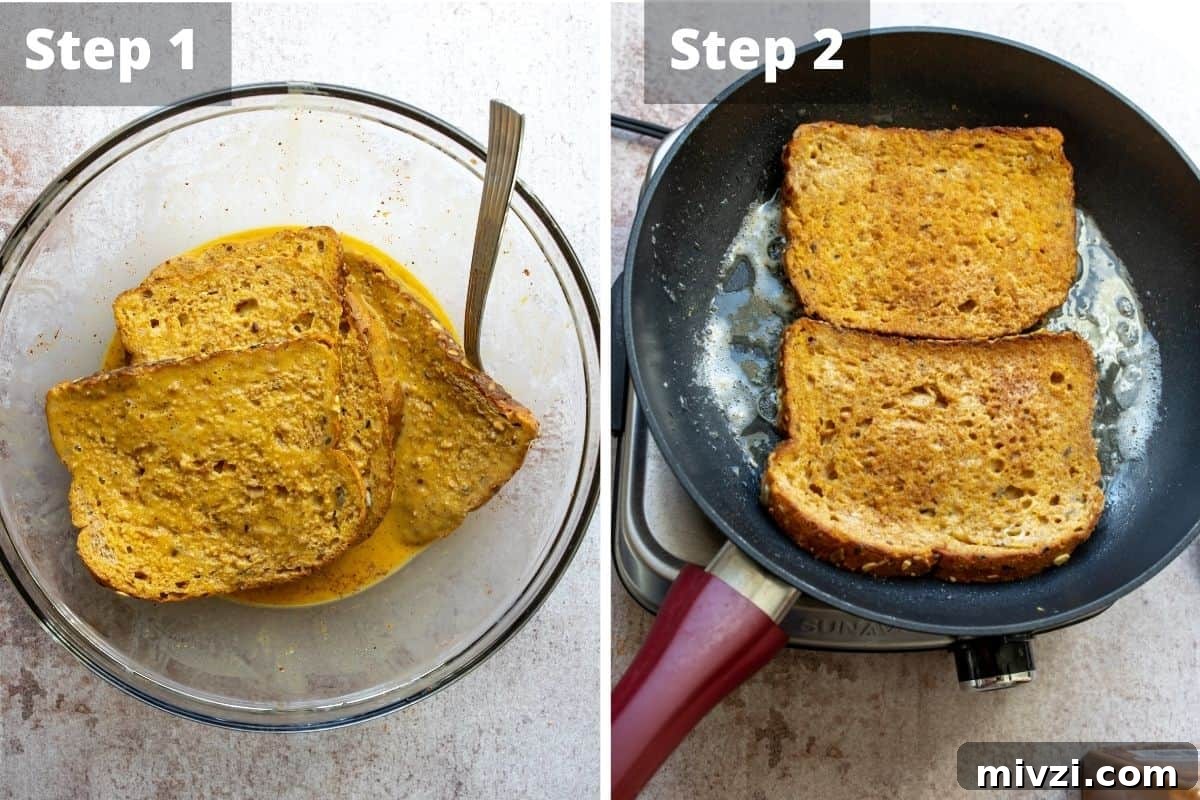 A collage of images showing the bread soaking in a bowl and then cooking in a pan.