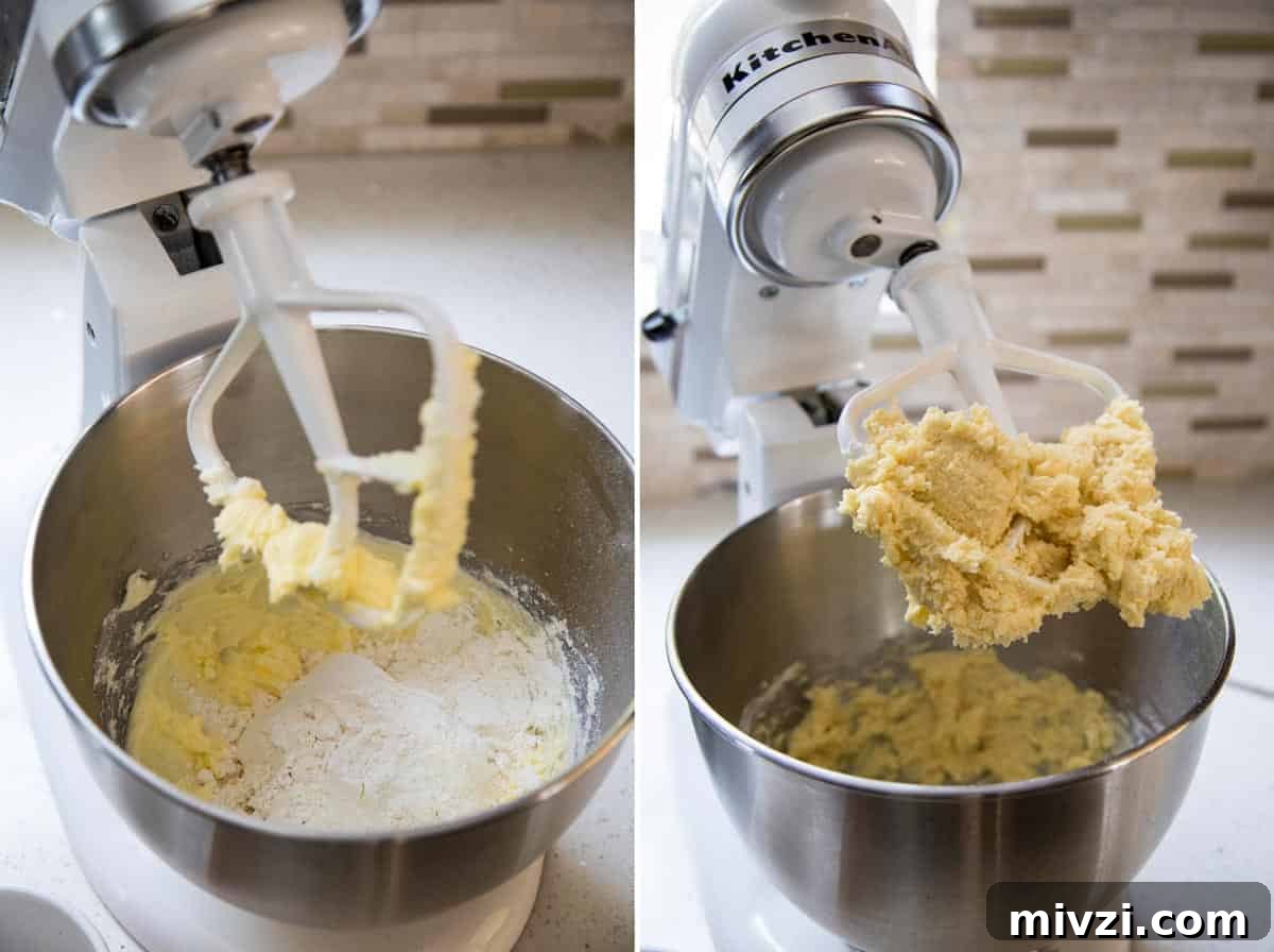Crisp Almond Spritz Cookies Recipe for Holiday Baking 5 Adding dry ingredients to form almond spritz cookie dough.