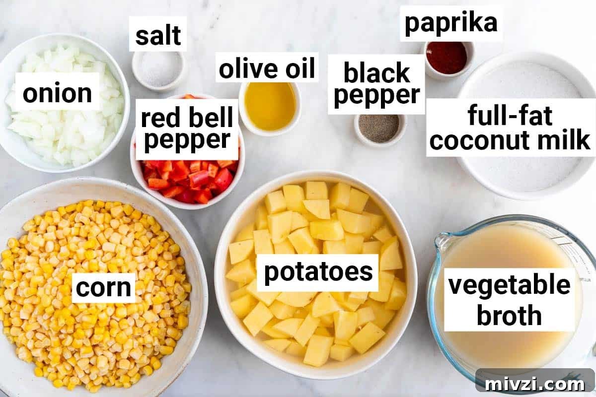 Ingredients needed to make vegan potato and corn chowder.