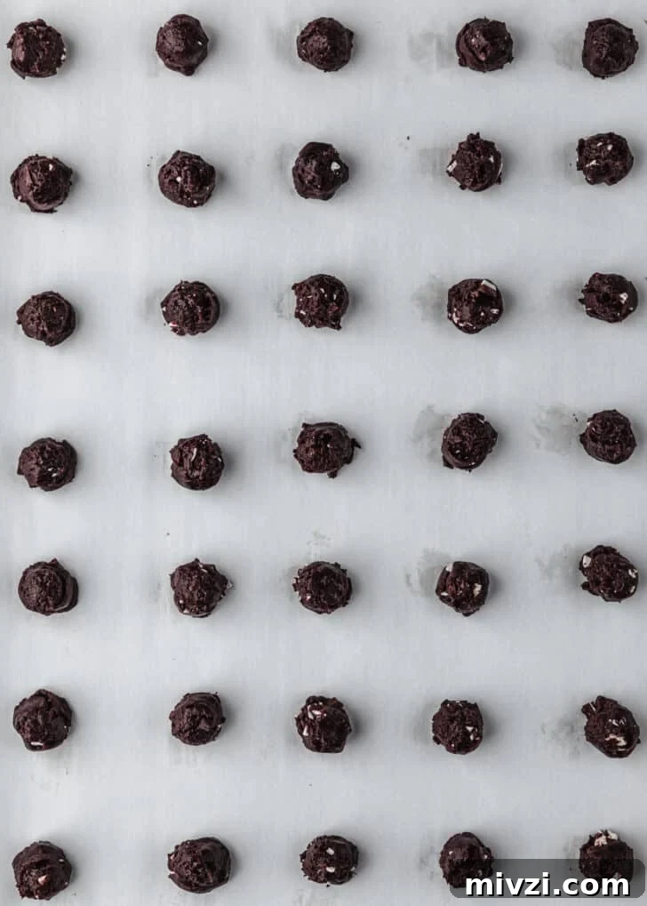 Chewy Mini Chocolate Peppermint Bark Cookies for Holiday Baking 11 Rows of raw mini chocolate peppermint bark cookies on parchment paper.