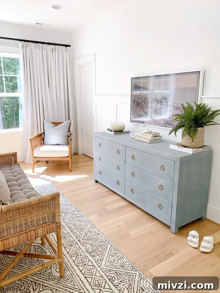 black and white bedroom with the driftway wide dresser