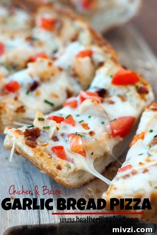 Garlic Bread Pizza with Chicken and Crispy Bacon 7 Easy Chicken and Bacon Garlic Bread Pizza being split apart on a wooden board.