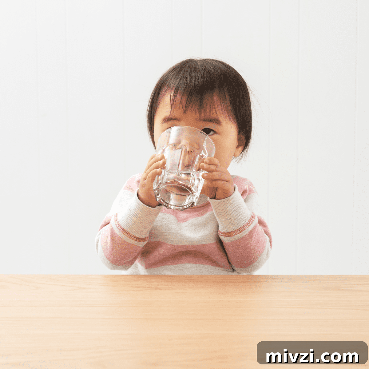 Young toddler drinking a glass of water with two hands. 