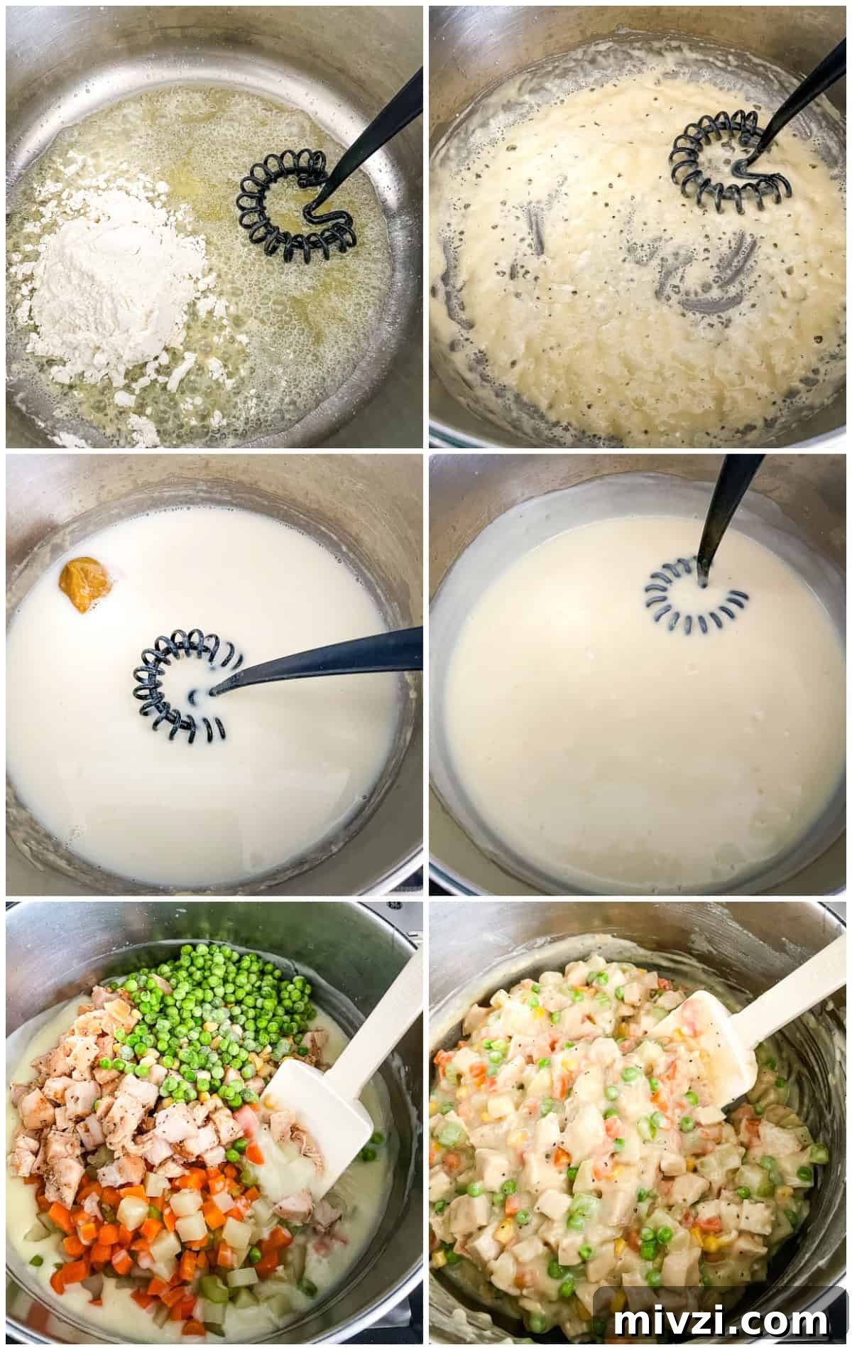 Mini Chicken Pot Pies with Flaky Pie Crusts 4 process shots - filling for chicken pot pies