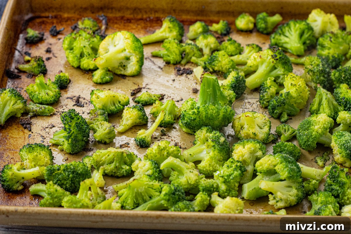 roasted broccoli on a baking sheet