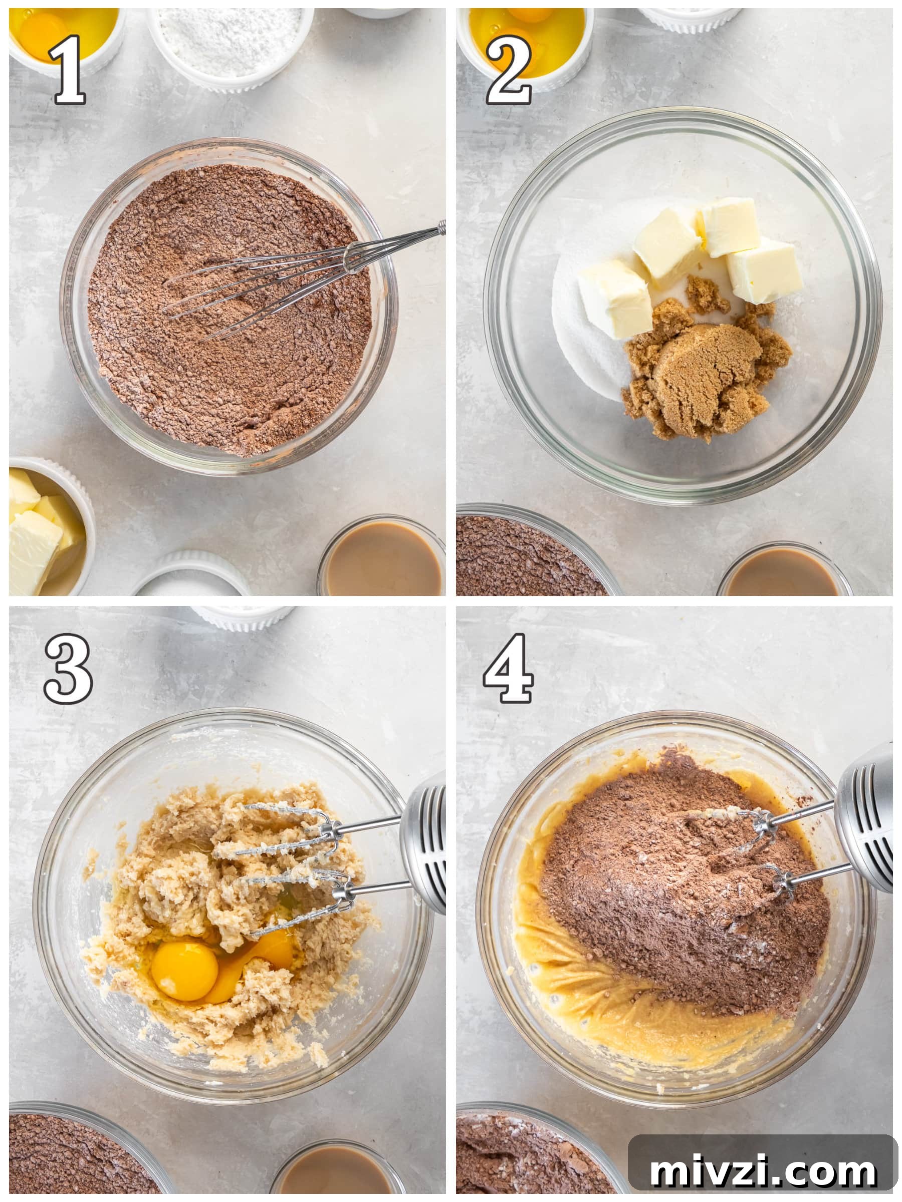 photo collage demonstrating how to make baileys irish cream cookies in a mixing bowl with a hand mixer.