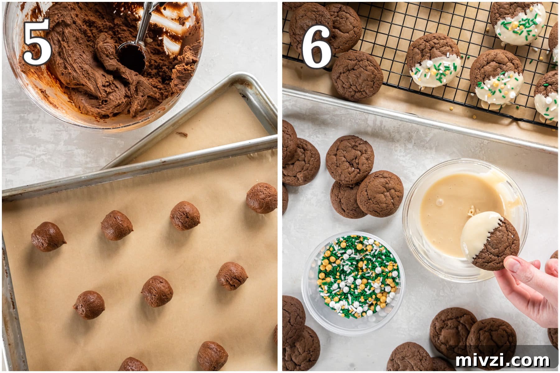 photo collage demonstrating how to roll baileys cookies into balls and dip them in icing after baking.