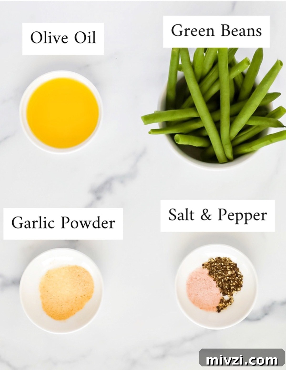 Labeled ingredients including: olive oil, green beans, garlic powder, salt & pepper
