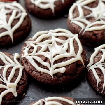 Spider Web Halloween Cookies: Step-by-Step Recipe & Decorating Tips 11 Spider web cookie with white chocolate on black plate.